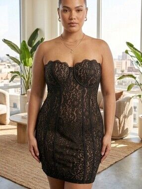 Fashion Nova Strapless Black Lace Bodycon Dress Sz 1X